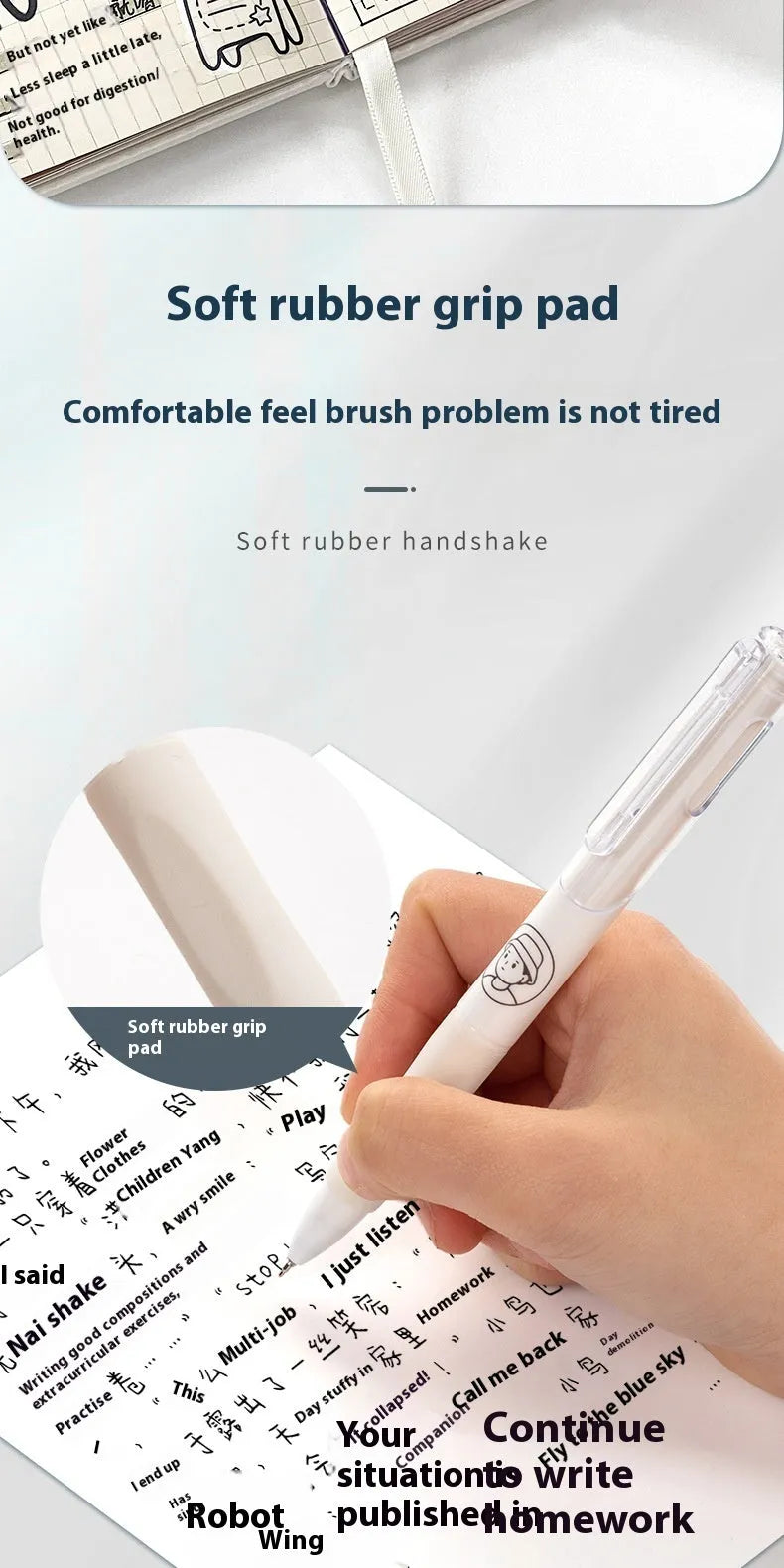 Five white Taco ballpoint pens with 0.5mm black ink refills showing quick-drying technology
