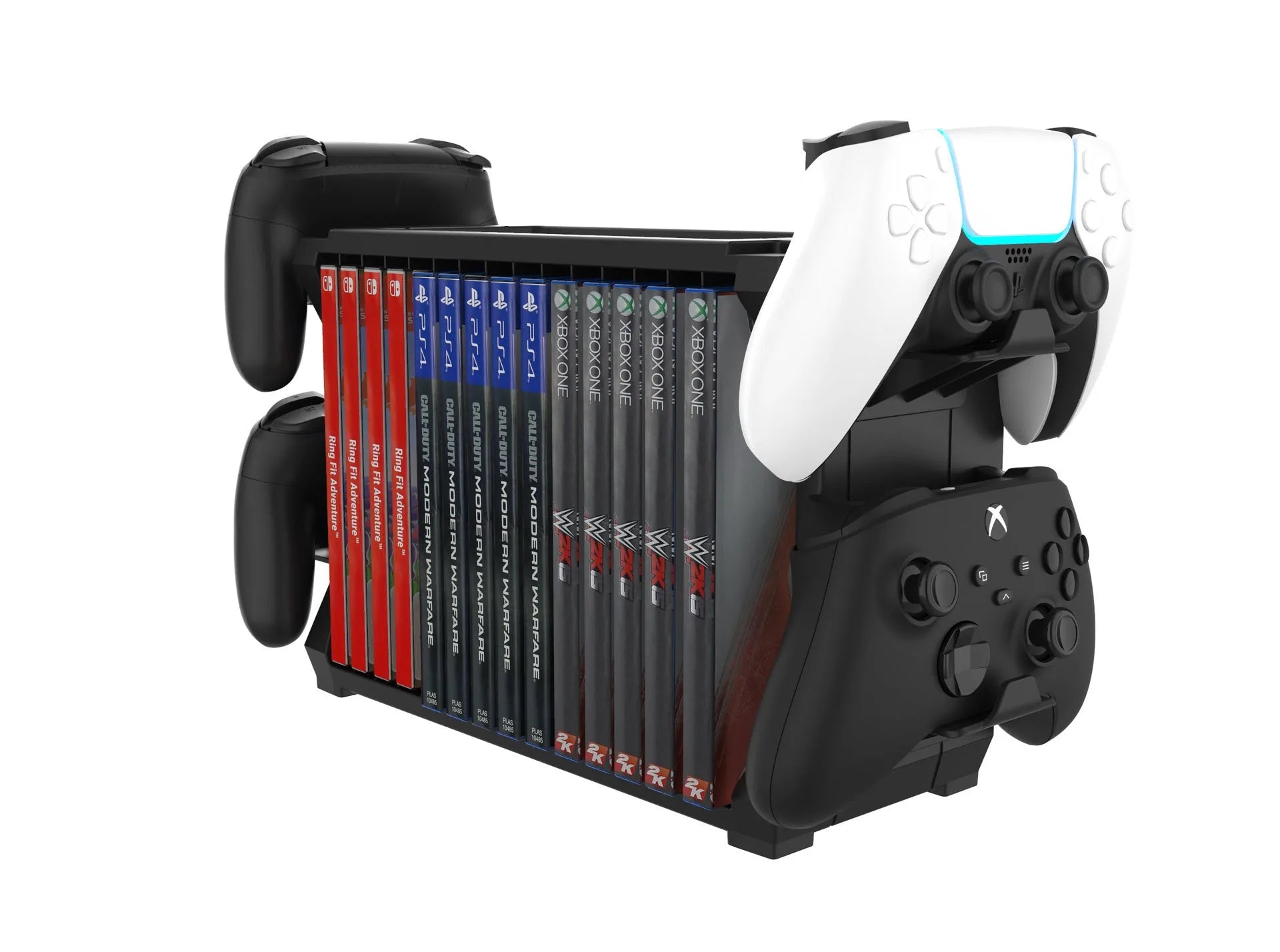 Black PS5 disc holder with slots for game cartridges and four controller storage bays