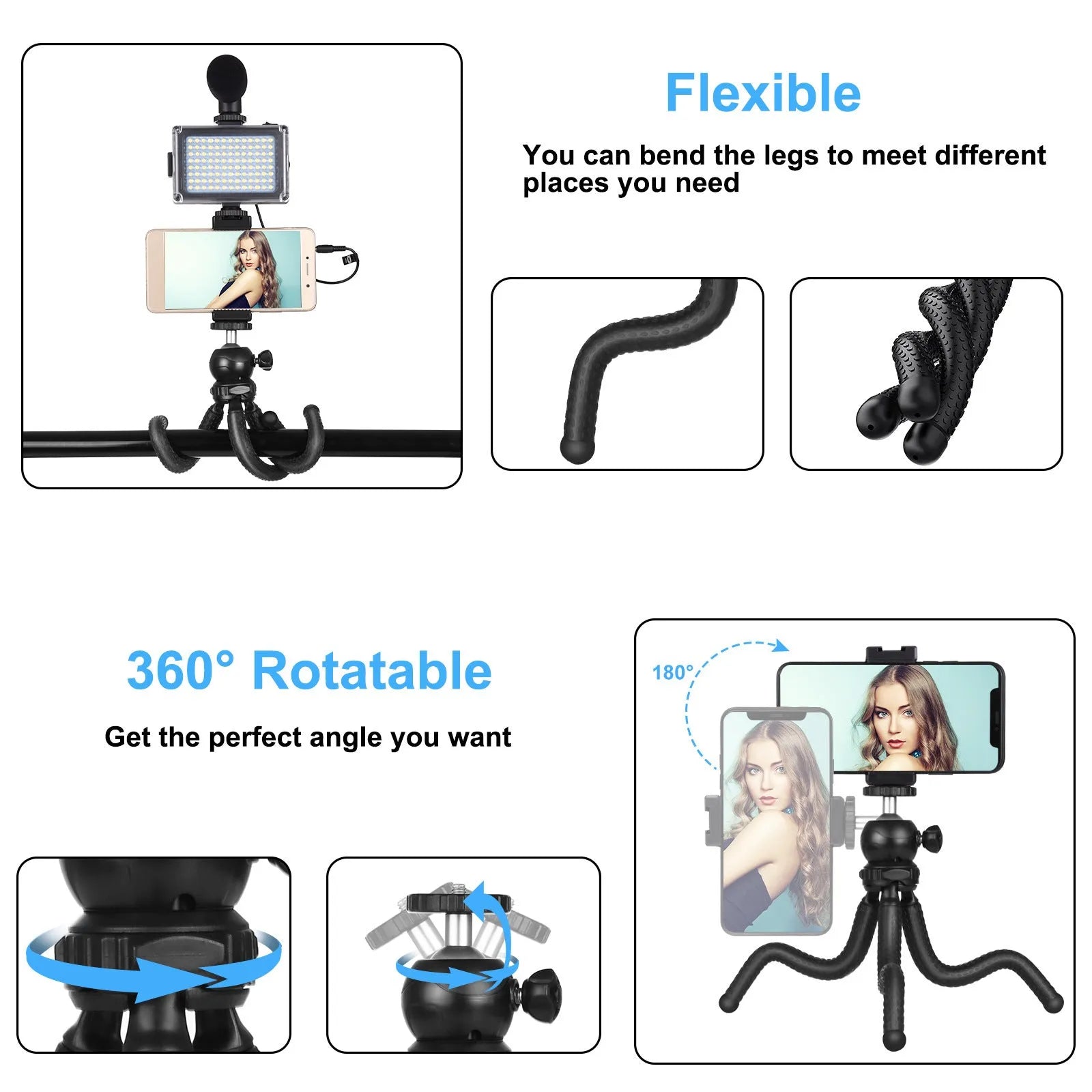 Black Octopus Yripod live broadcast kit with flexible tripod legs, fill light, and microphone for iPhone