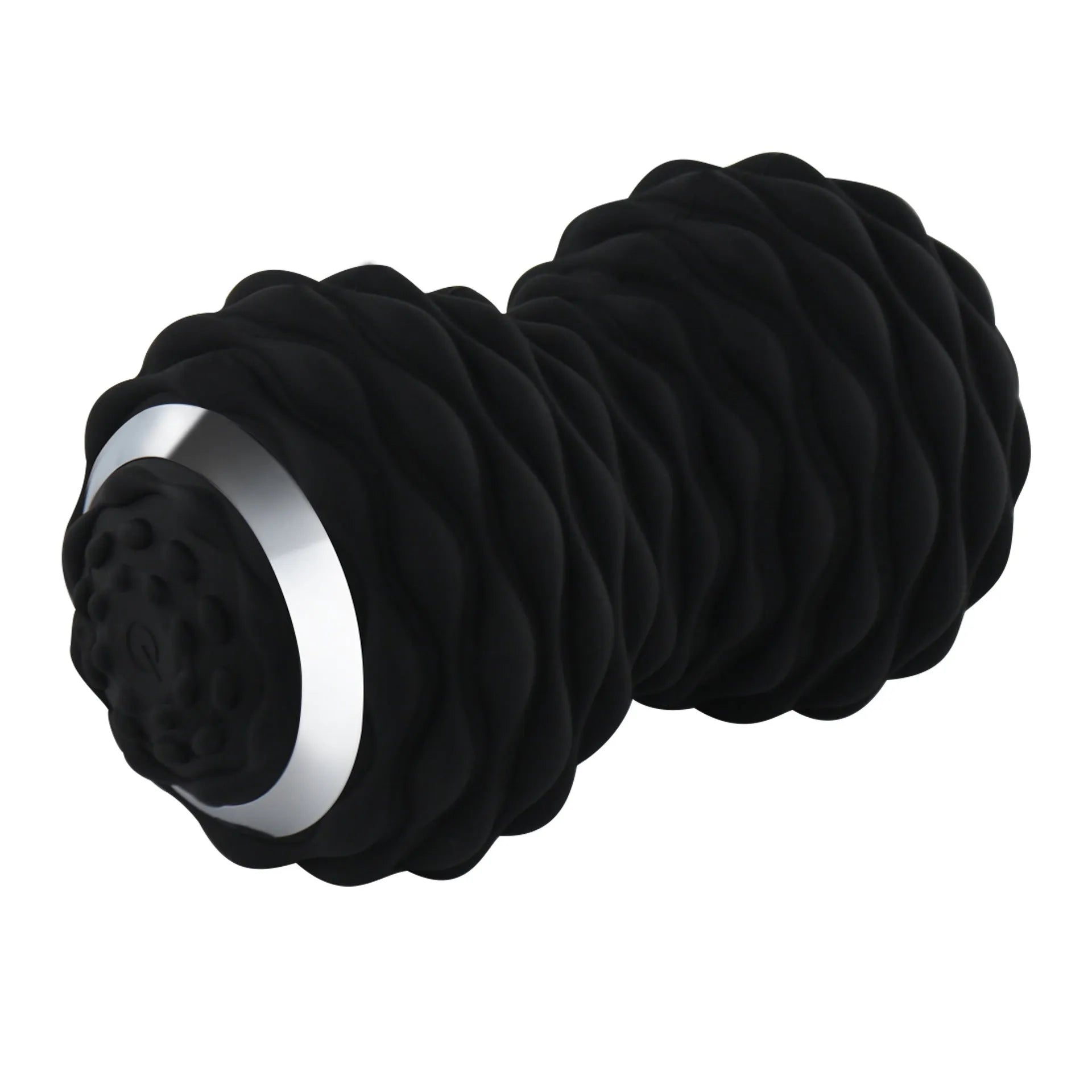 Electric peanut fascia massage ball in black and sky blue on a gym floor for muscle recovery