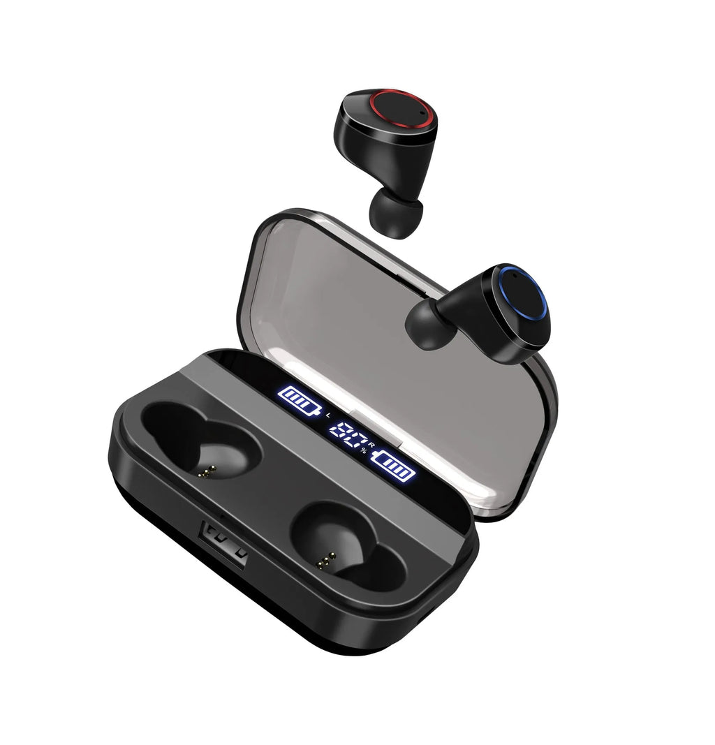 Black X11 wireless Bluetooth earbuds with charging case and six silicone ear tips on a grey background.