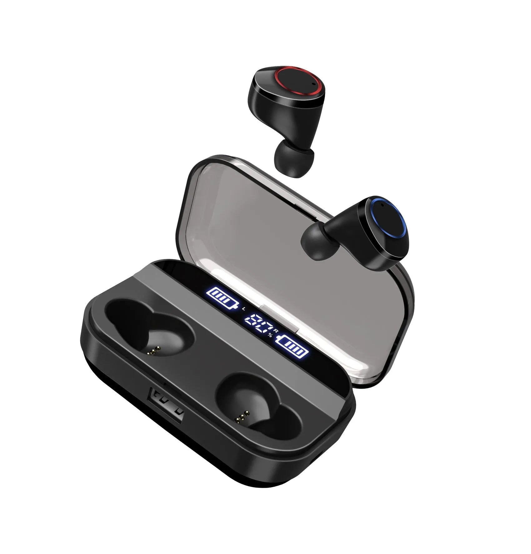 Black X11 wireless Bluetooth earbuds with charging case and six silicone ear tips on a grey background.
