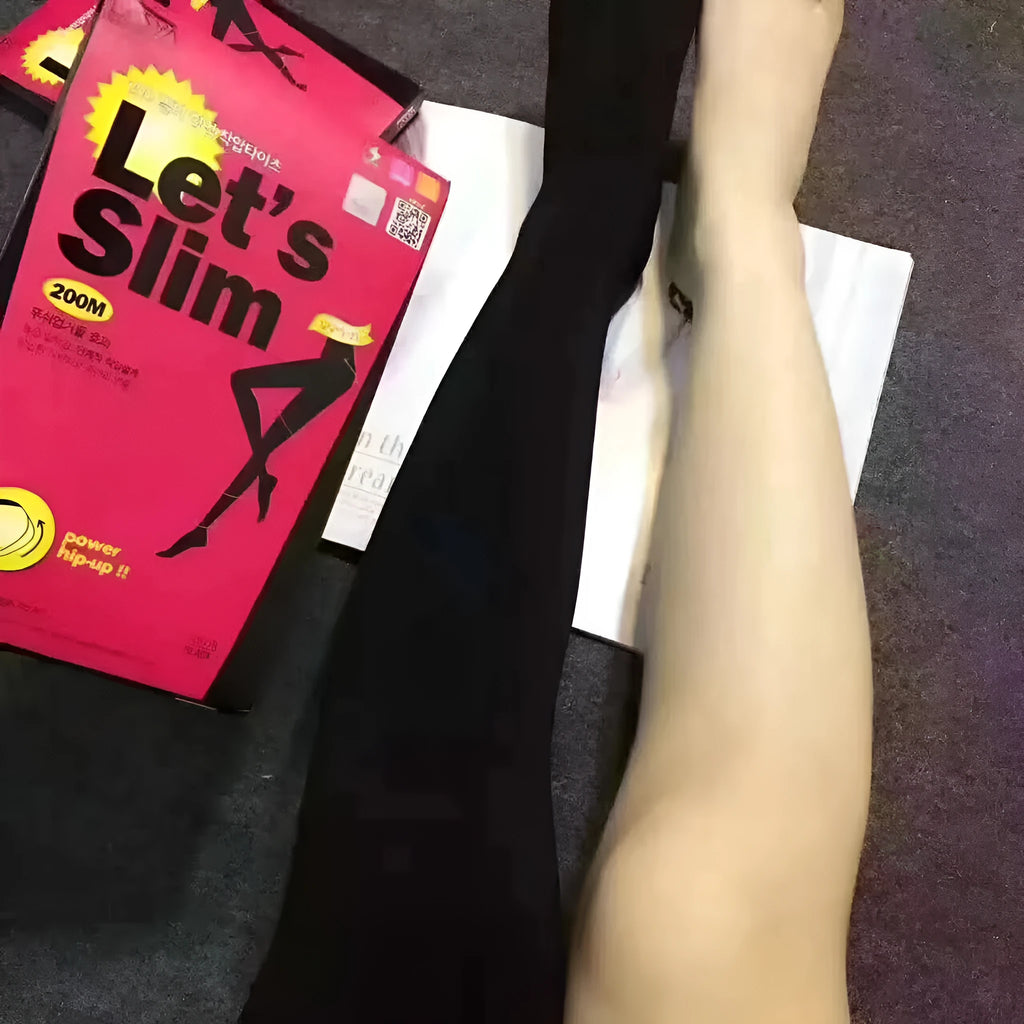 Beige and black stovepipe shaping socks for hip and abdomen support in polyester fibre material.