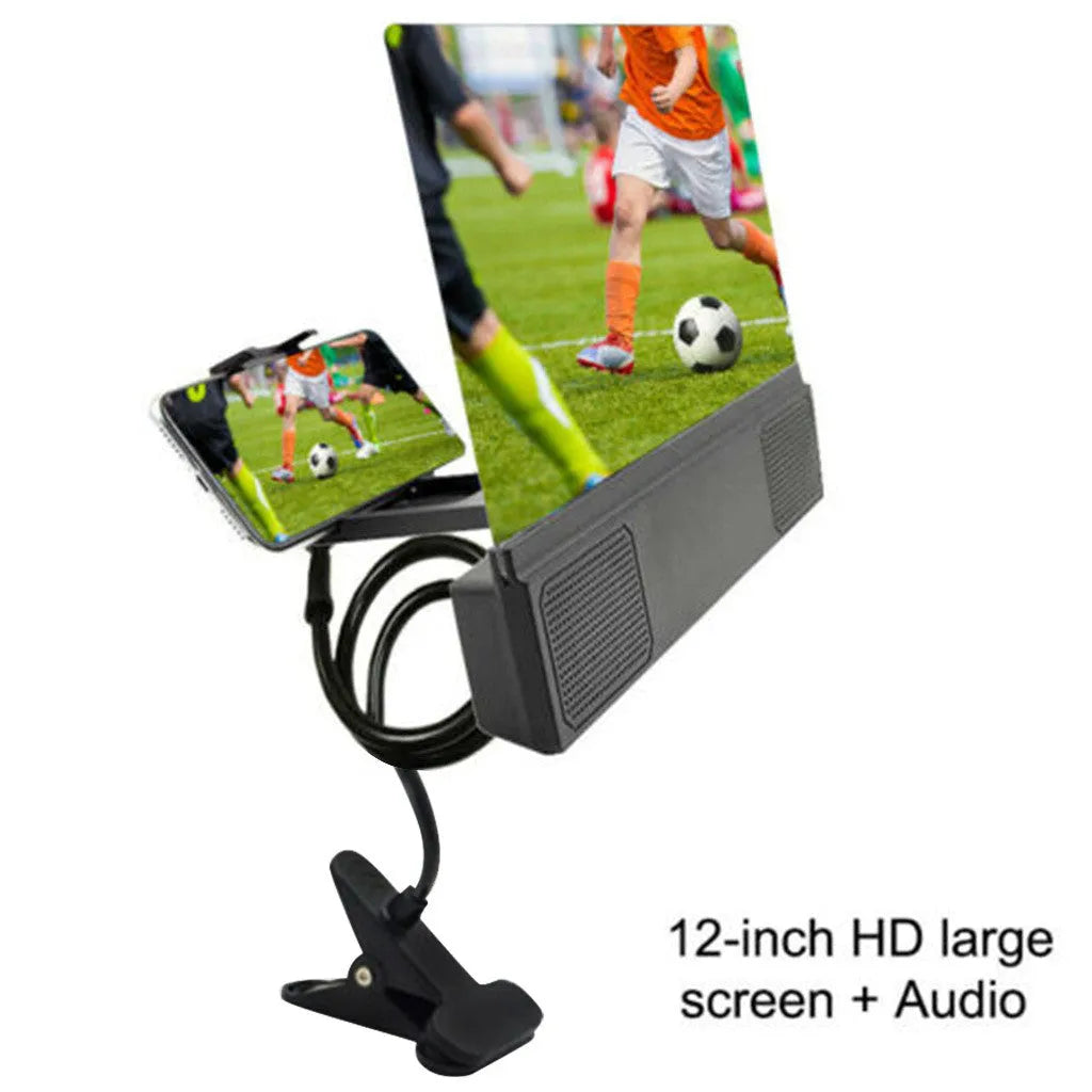 12-inch foldable mobile phone screen amplifier with gooseneck stand and built-in speakers.