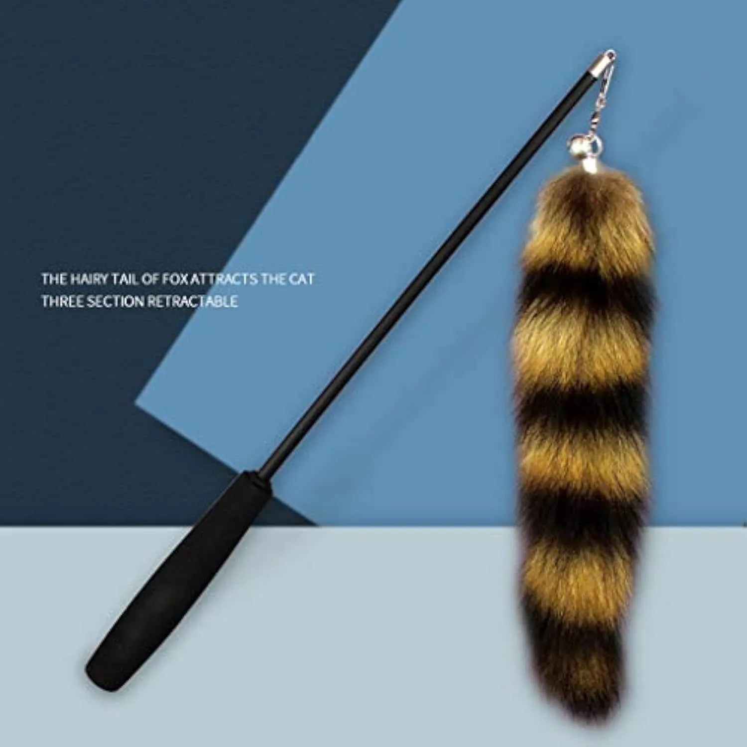 Black cat toy wand teaser with long elastic string stretched out for play.