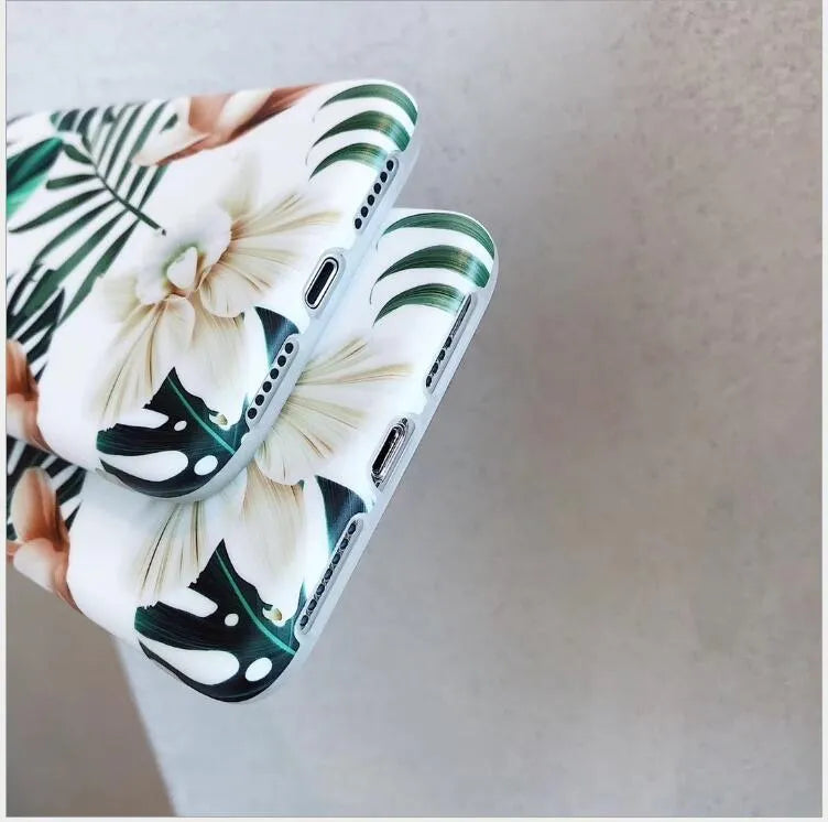 Green banana leaf floral pattern TPU phone case for iPhone on wooden surface