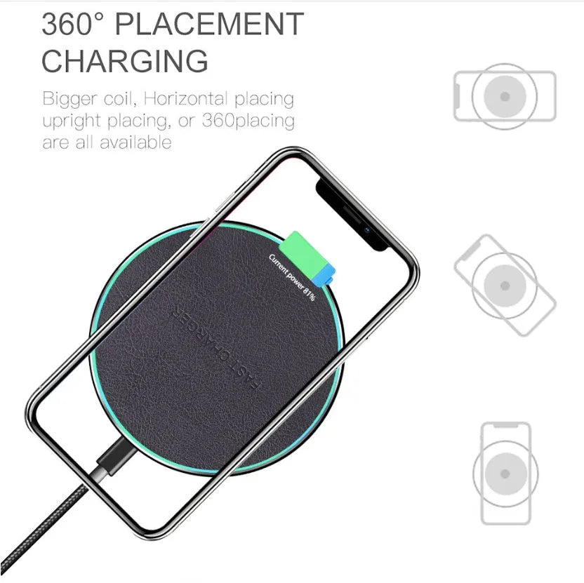 Black circular Qi wireless charging pad for iPhone 11 with non-slip surface