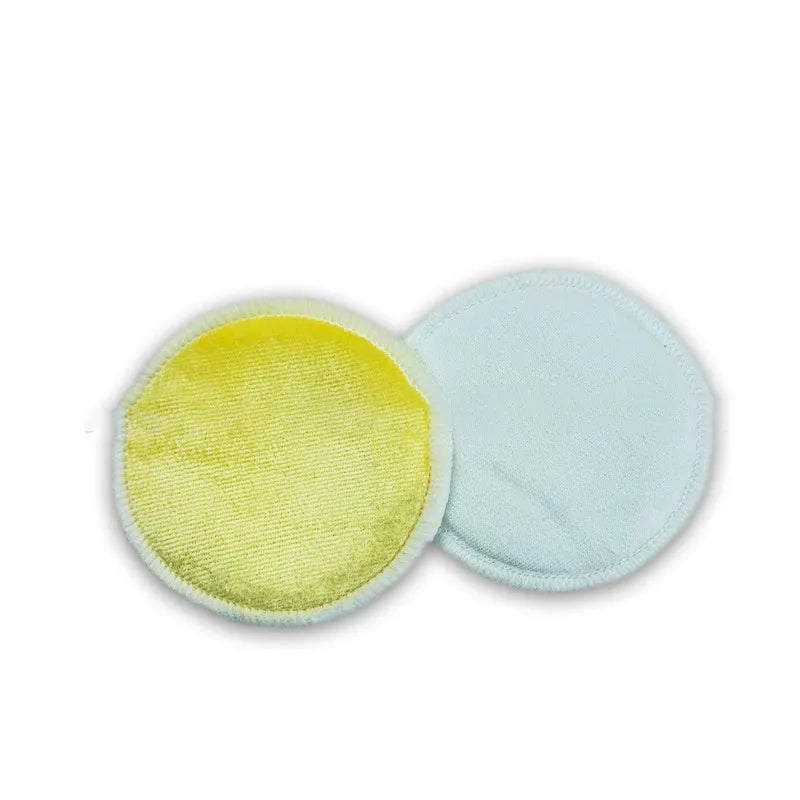 Velvet makeup remover pad in water pink and light blue colours showing bamboo polyester blend texture
