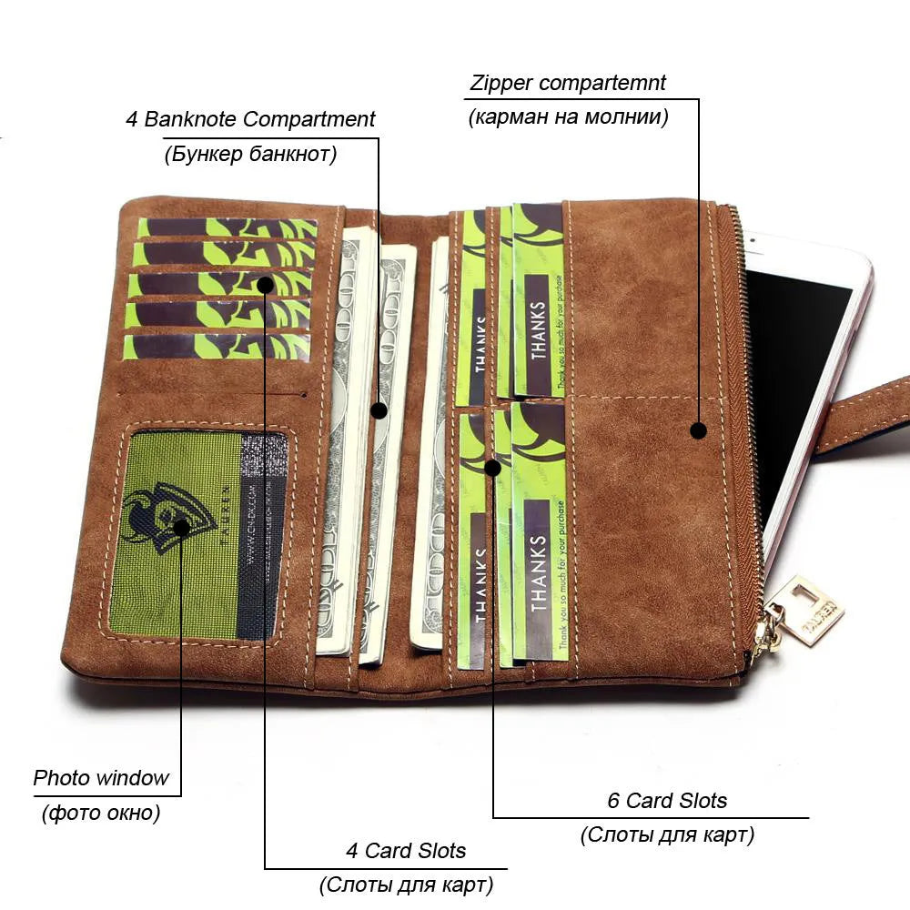 Women's long leather-style wallet with two-fold draw design in multiple colour options showing card compartments