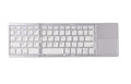 Tri-fold folding Bluetooth keyboard shown both folded and unfolded with integrated touchpad