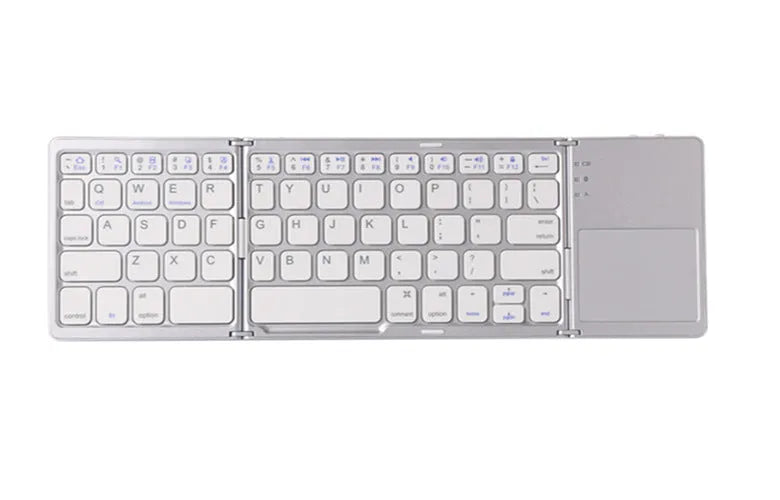 Tri-fold folding Bluetooth keyboard shown both folded and unfolded with integrated touchpad
