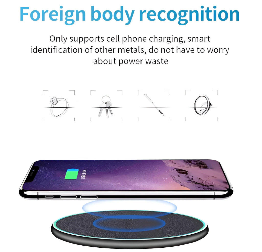 Black circular Qi wireless charging pad for iPhone 11 with non-slip surface