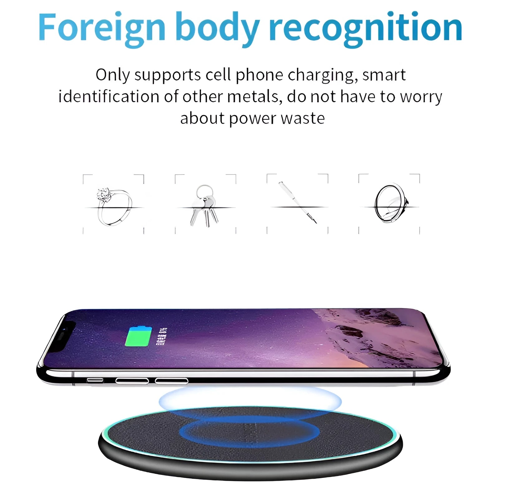 Black circular Qi wireless charging pad for iPhone 11 with non-slip surface