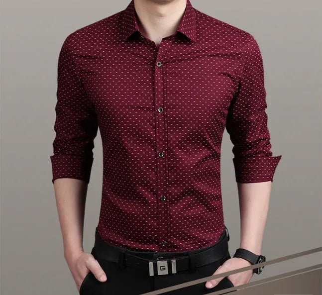 Polka dot men's dress shirt with slim fit in green colour long sleeves