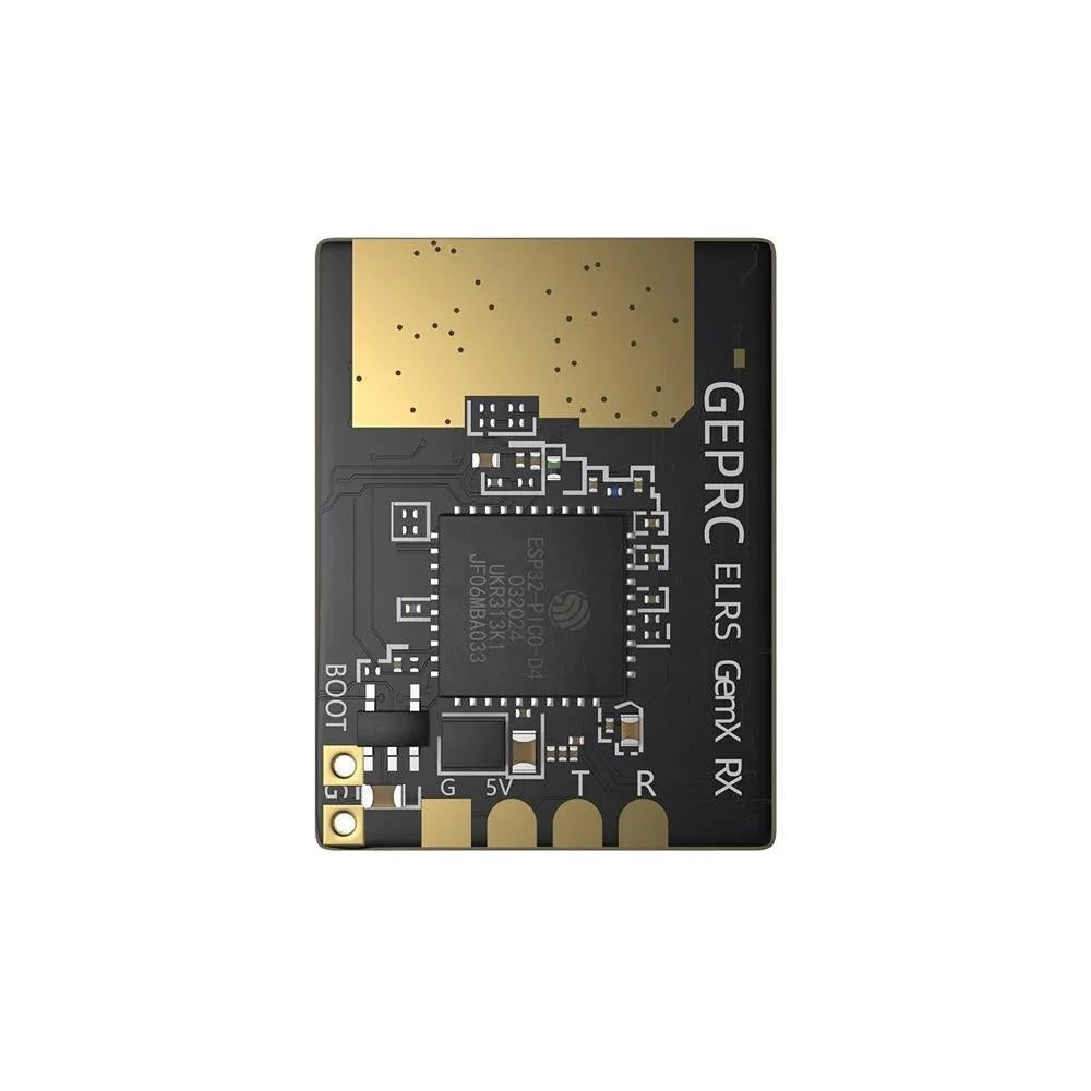 FPV drone ELRS dual-frequency receiver with metal housing, two T-shaped antennas, heat shrink tubing, and connecting wire.