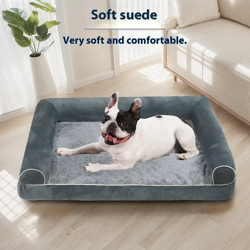 Square cloth dog bed with sponge filling shown in blue, available in multiple sizes for small to large dogs.
