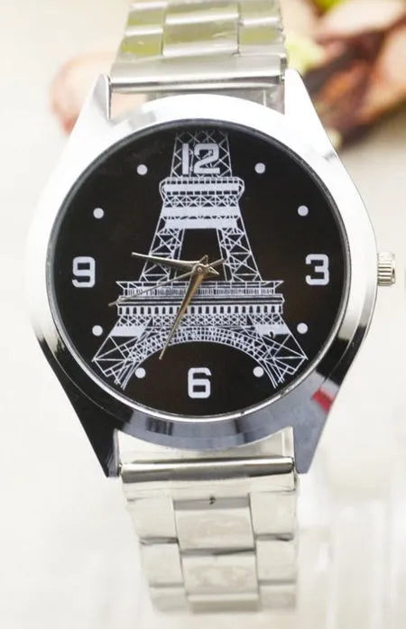 Eiffel Tower design wrist watch showing Paris landmark motif on watch face with quartz time display