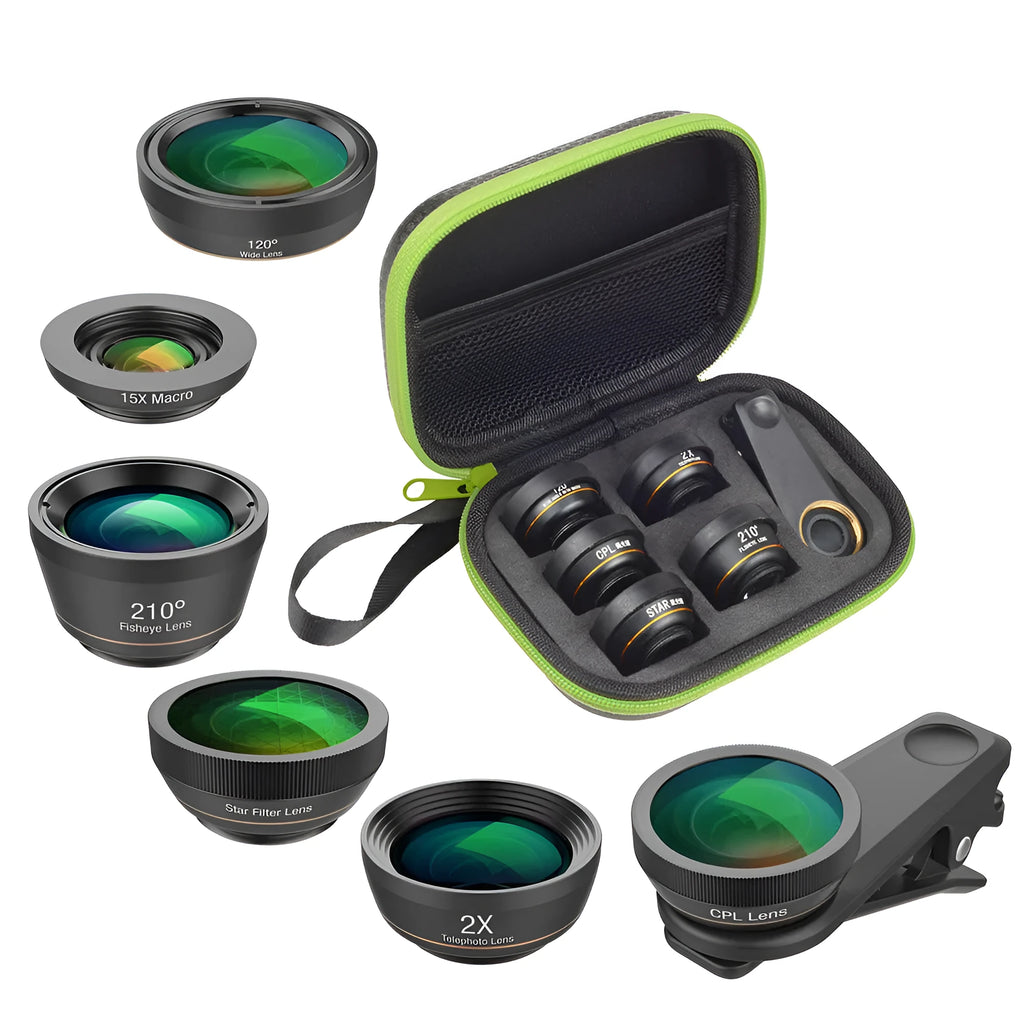 Black aluminium 6-in-1 smartphone camera lens kit with fisheye, macro, wide-angle, telephoto, CPL and star filters