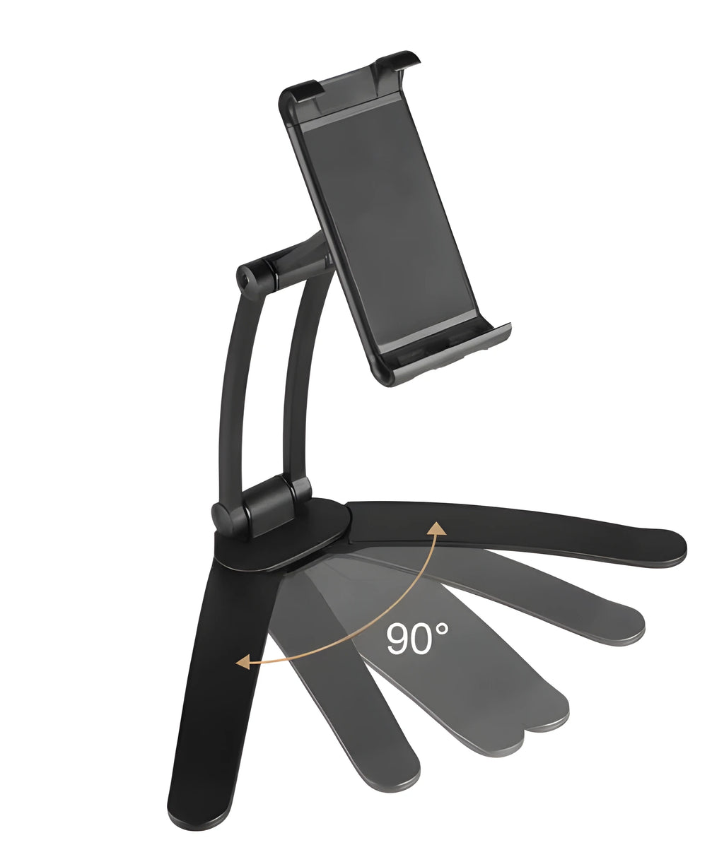 Aluminium alloy desktop tablet stand with adjustable clip holding a tablet at an angle