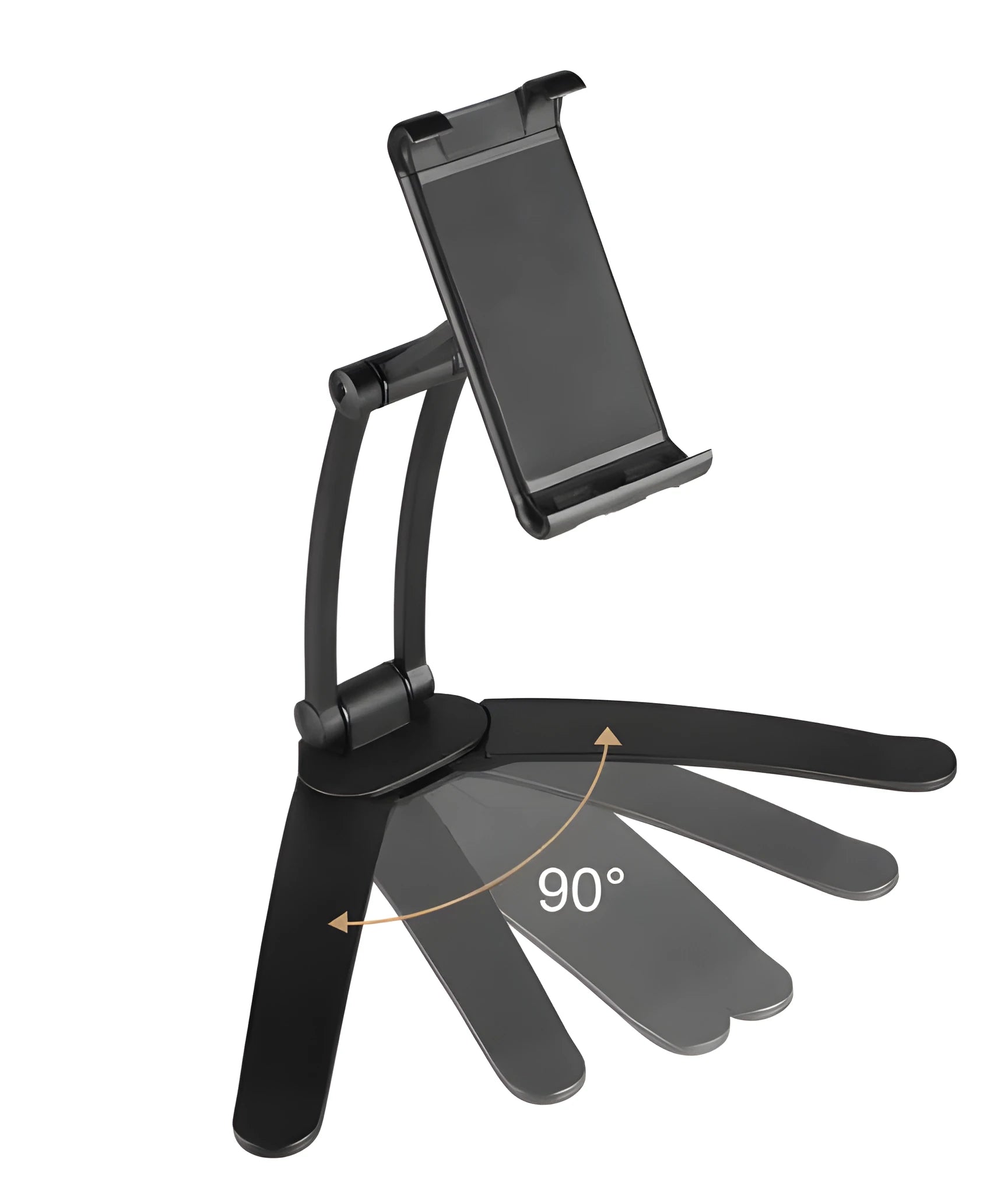 Aluminium alloy desktop tablet stand with adjustable clip holding a tablet at an angle