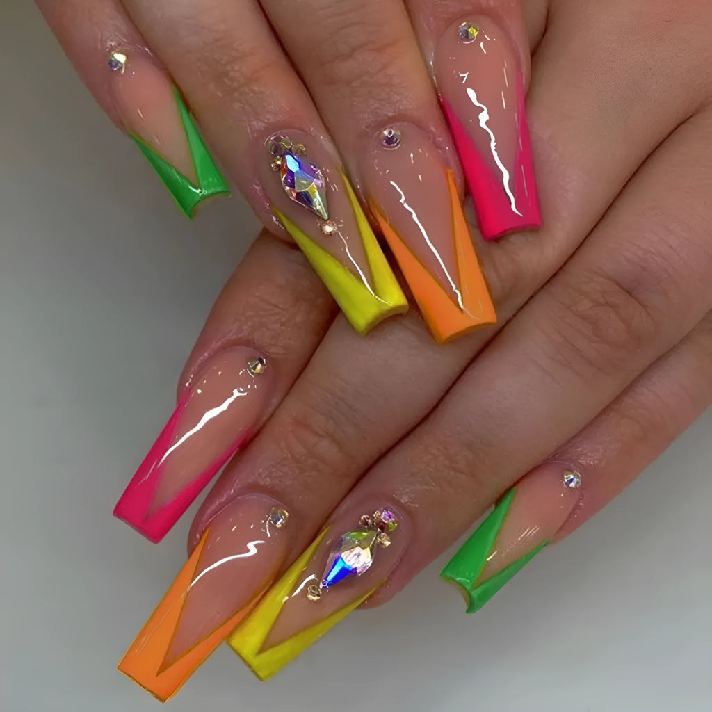 Diamond colour French press-on nail tips with cartoon love cross heart pattern and jelly glue adhesive
