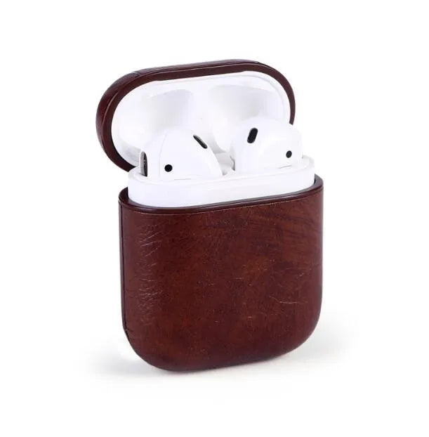 Genuine leather protective case for Apple AirPods in black, brown, light brown, and red.