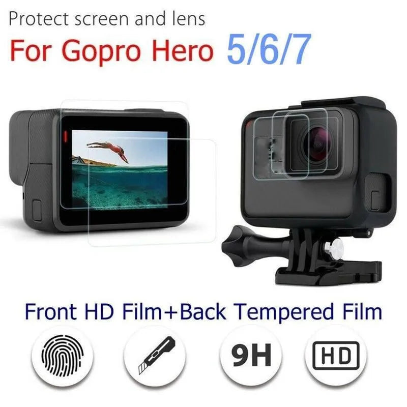 Transparent tempered glass screen and lens protector set for GoPro Hero 5 6 7 cameras