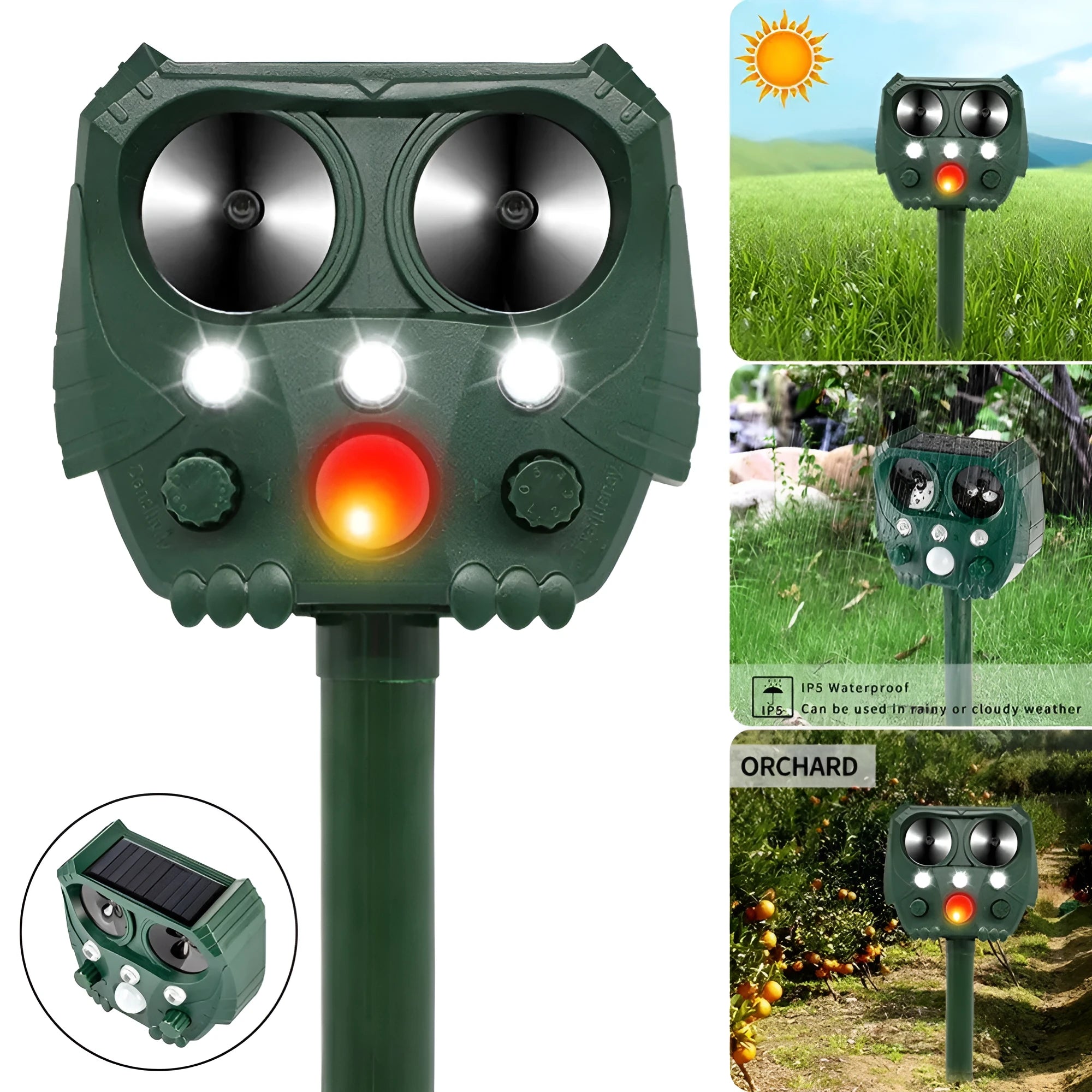Green solar ultrasonic animal repeller with LED strobe lights for outdoor pest control