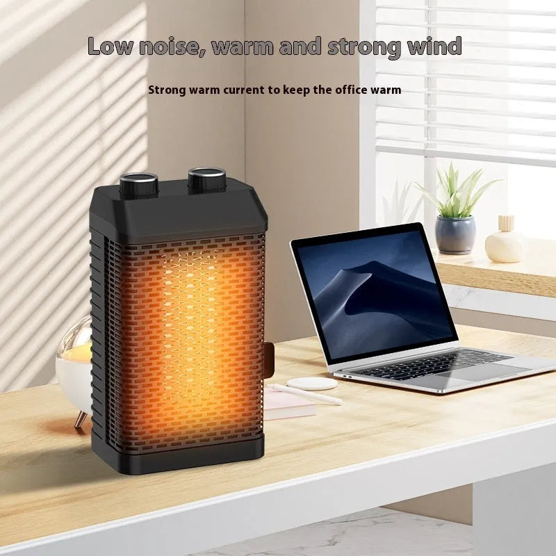 Black remote control desktop heater with oscillating louvres on a wooden desk.