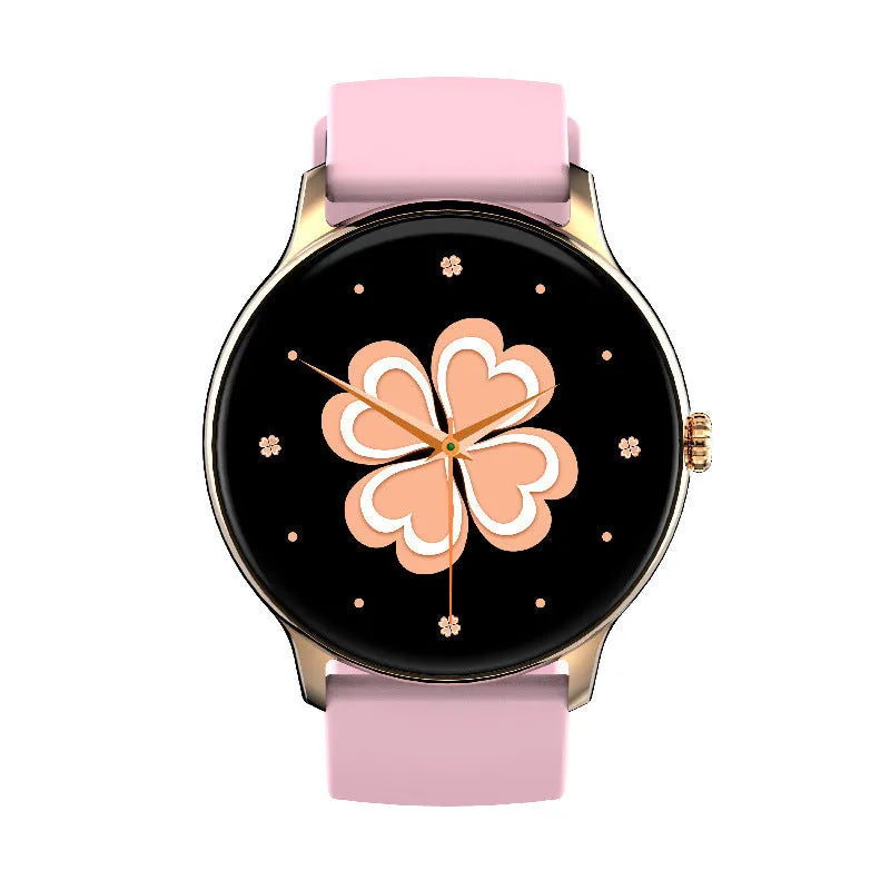 Black smart watch with 1.28 inch screen displaying blood pressure and heart rate data on a silicone wristband.