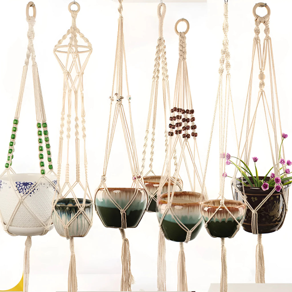 Woven wire and cotton rope macrame plant hanger in a rustic style, shown as a hanging basin.