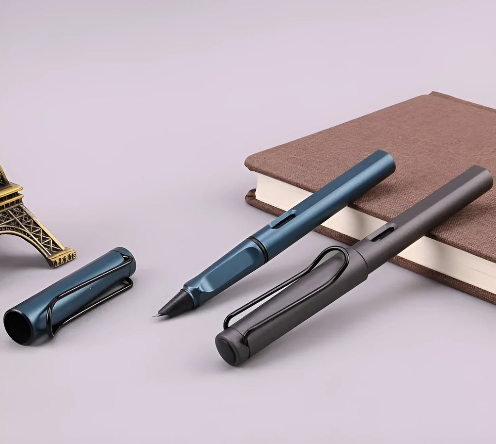 Black and blue frosted ink bag fountain pens showing 0.38mm and 0.5mm nib options