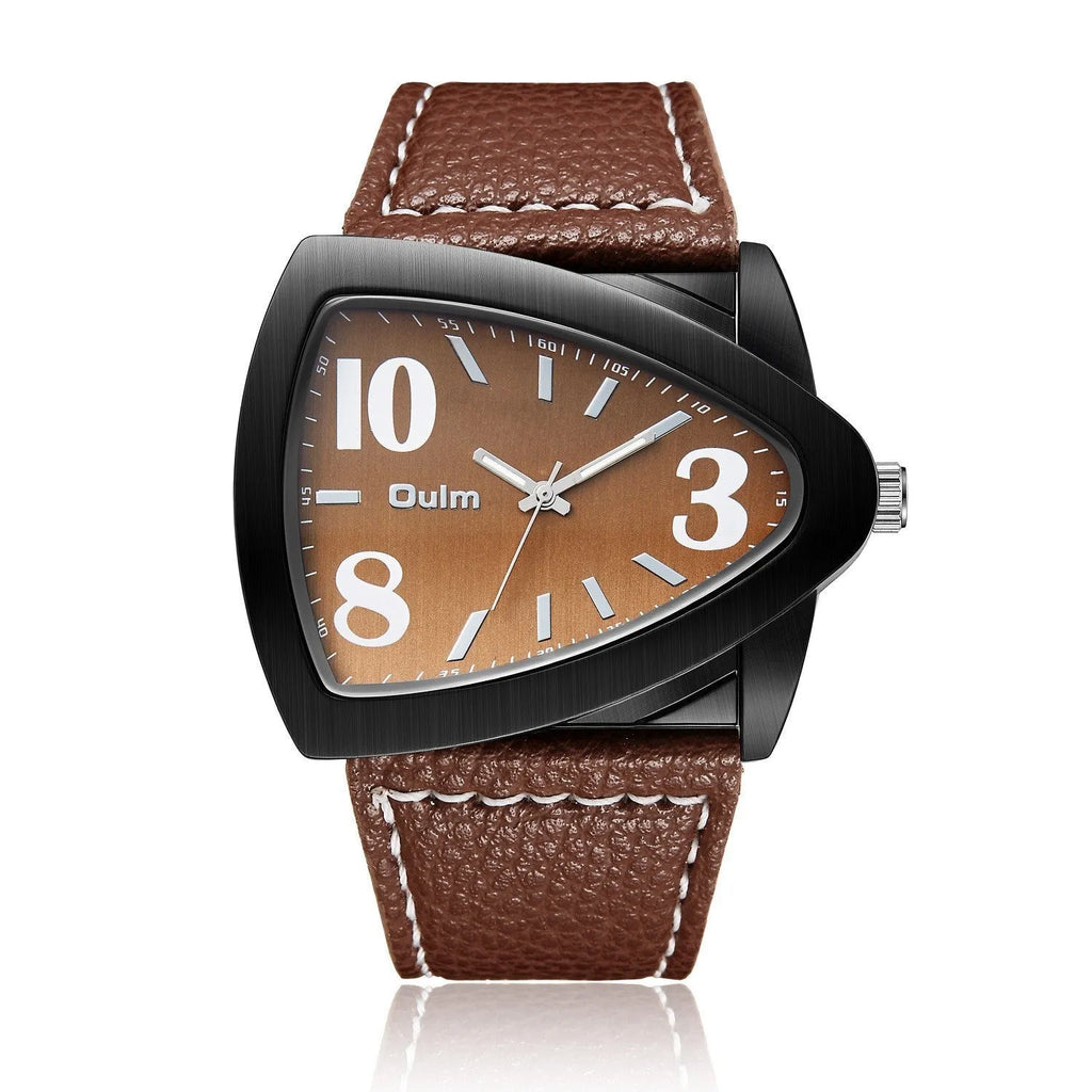 Men's casual triangle belt quartz watch showing slim 9mm profile and available colour options
