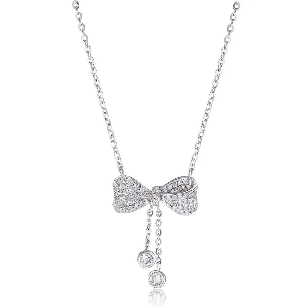 S925 sterling silver bow pendant necklace on adjustable 40-45cm O-ring chain