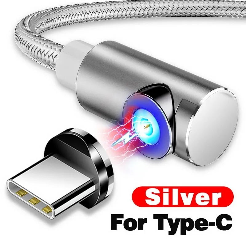 Magnetic charging cable with aluminium housing showing L-shaped connector and magnetic charging tip