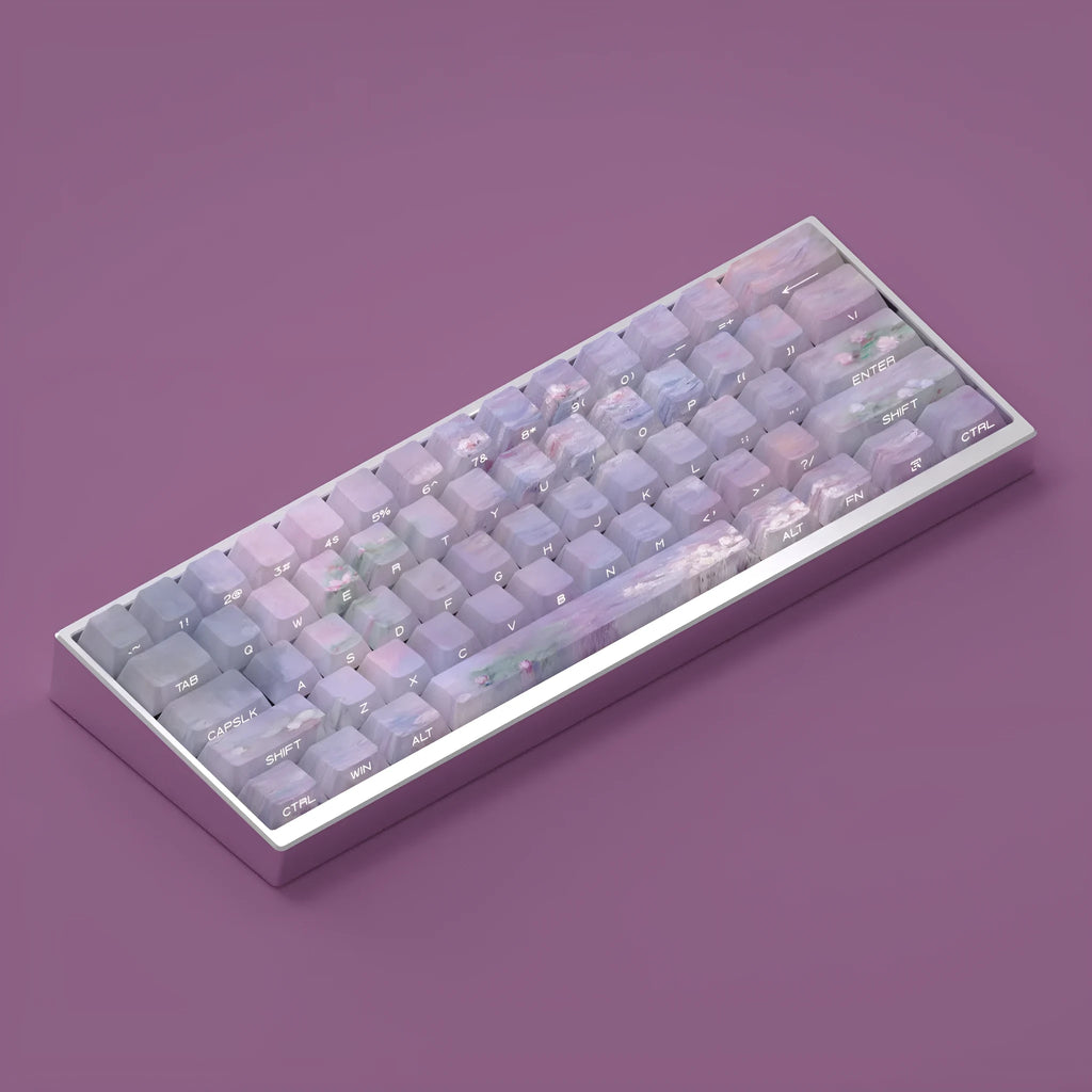 Wenshao Sleeping Lotus PBT keycap set with side-carved transparent legends, 130 keys for mechanical keyboards.