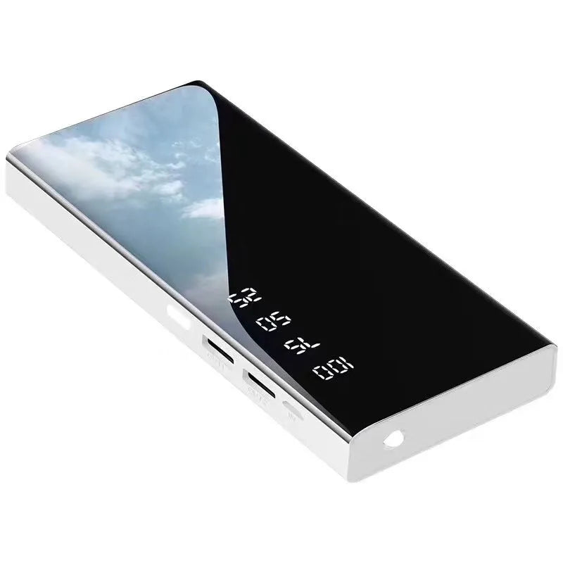 20000mAh power bank with LCD display showing battery percentage, dual USB ports, and compact black design