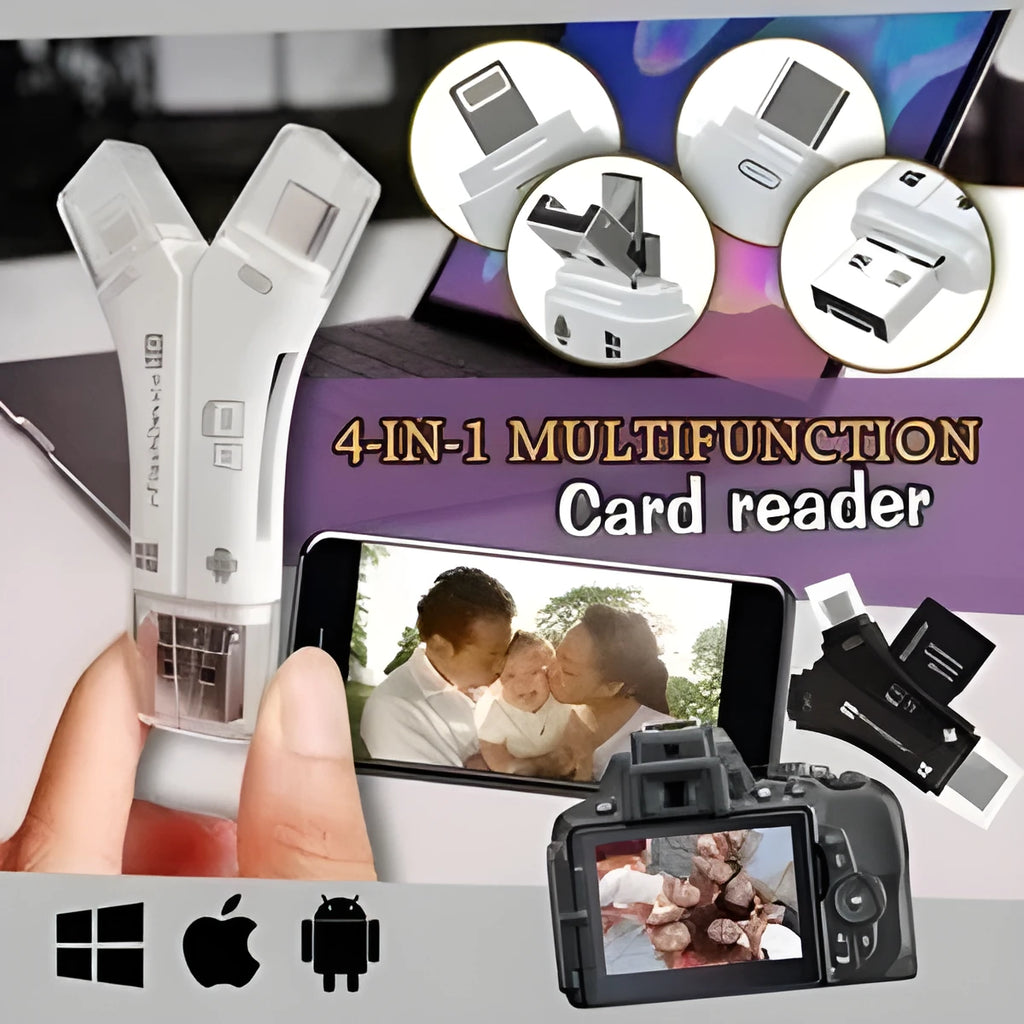 White 4-in-1 card reader for iPhone and Android phones with SD and MicroSD card slots