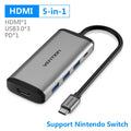Deep grey Type-C multi-port adapter hub with HDMI, USB, Ethernet, and card reader ports.