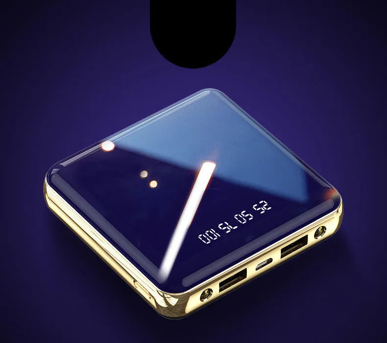 Mini 20000mAh power bank in blue, green, grey, and red colour options showing compact 83mm square design