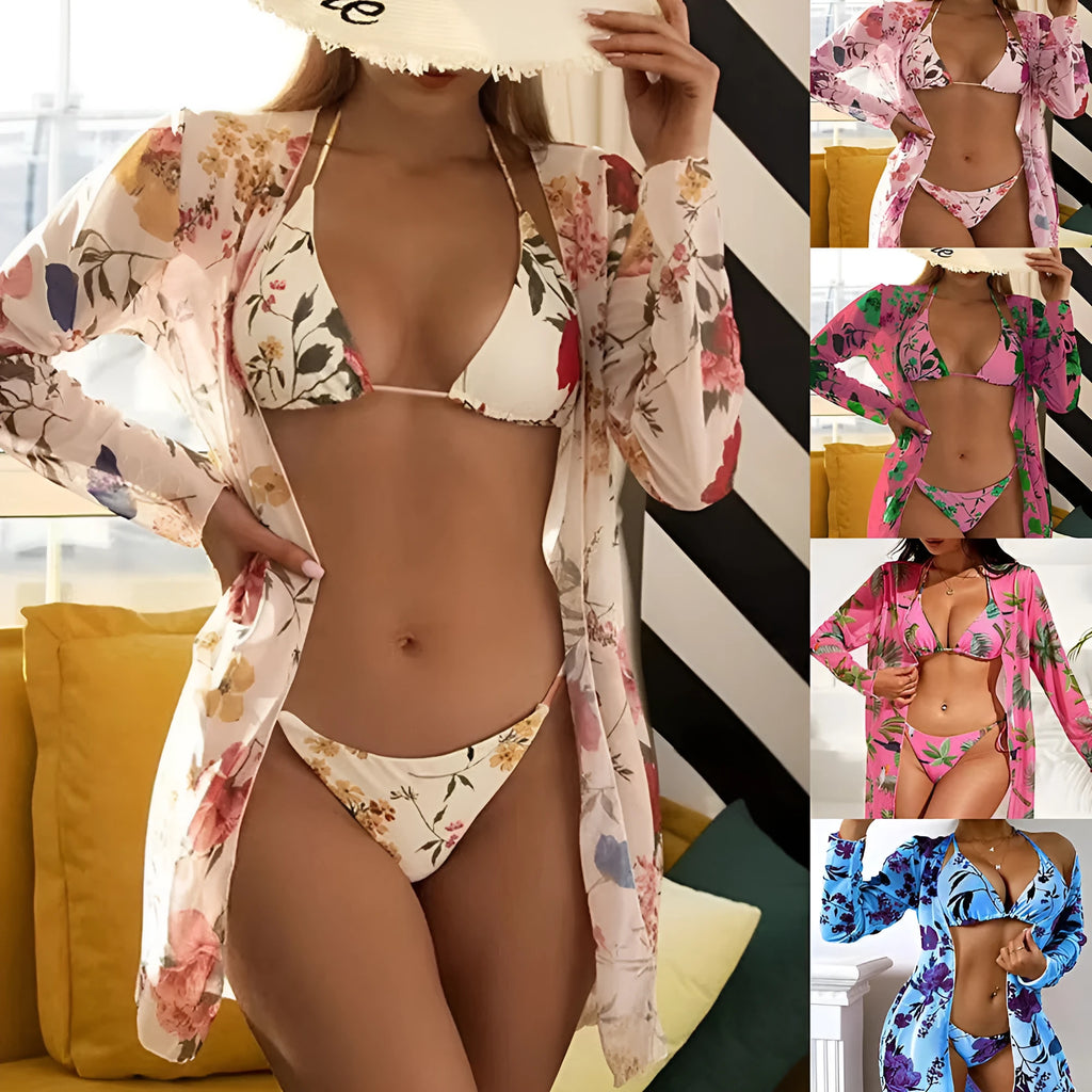 Women's floral printed mesh swimsuit three-piece set showing bra, swim trunks and cover-up blouse