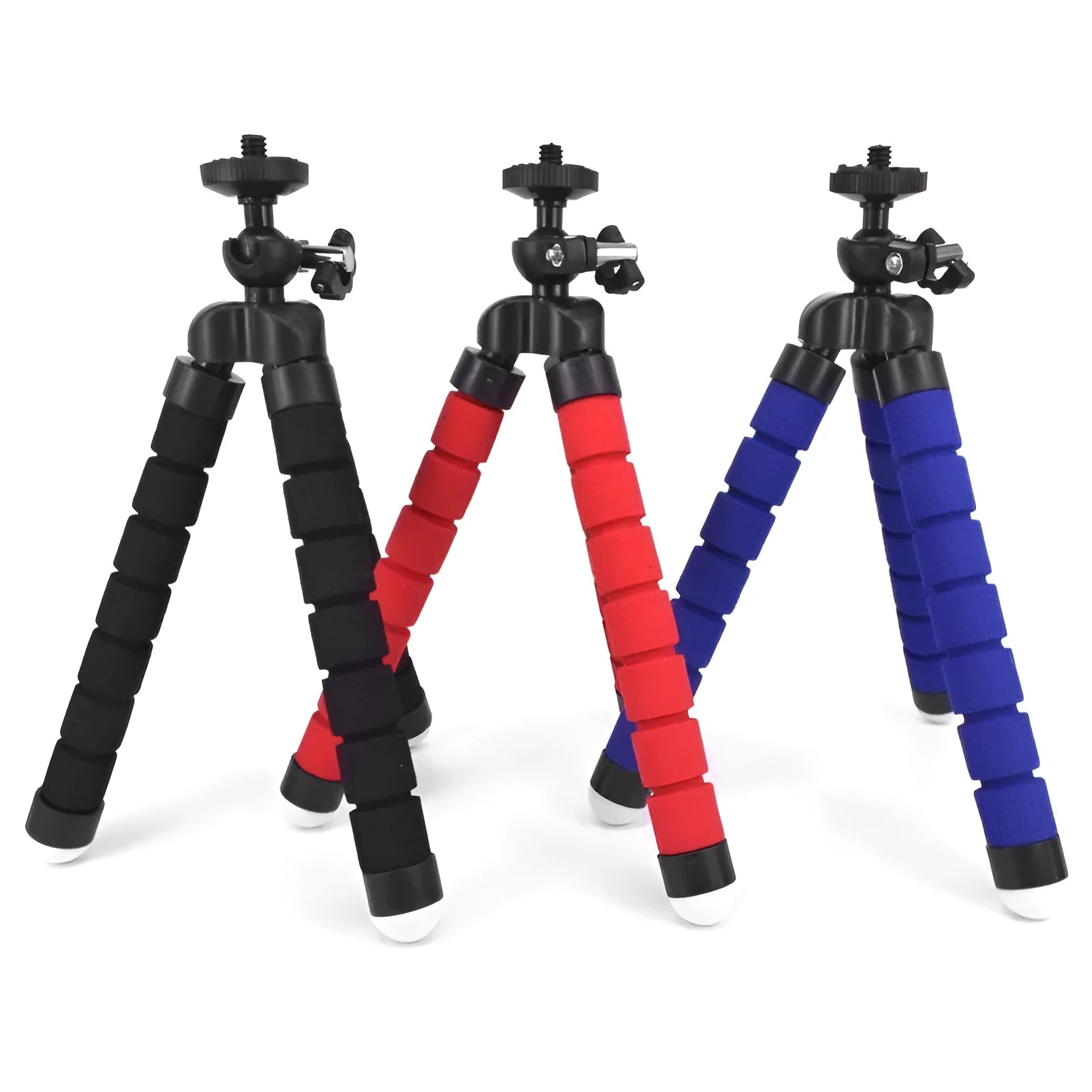 Black flexible octopus-style mini tripod with coiled legs next to a smartphone