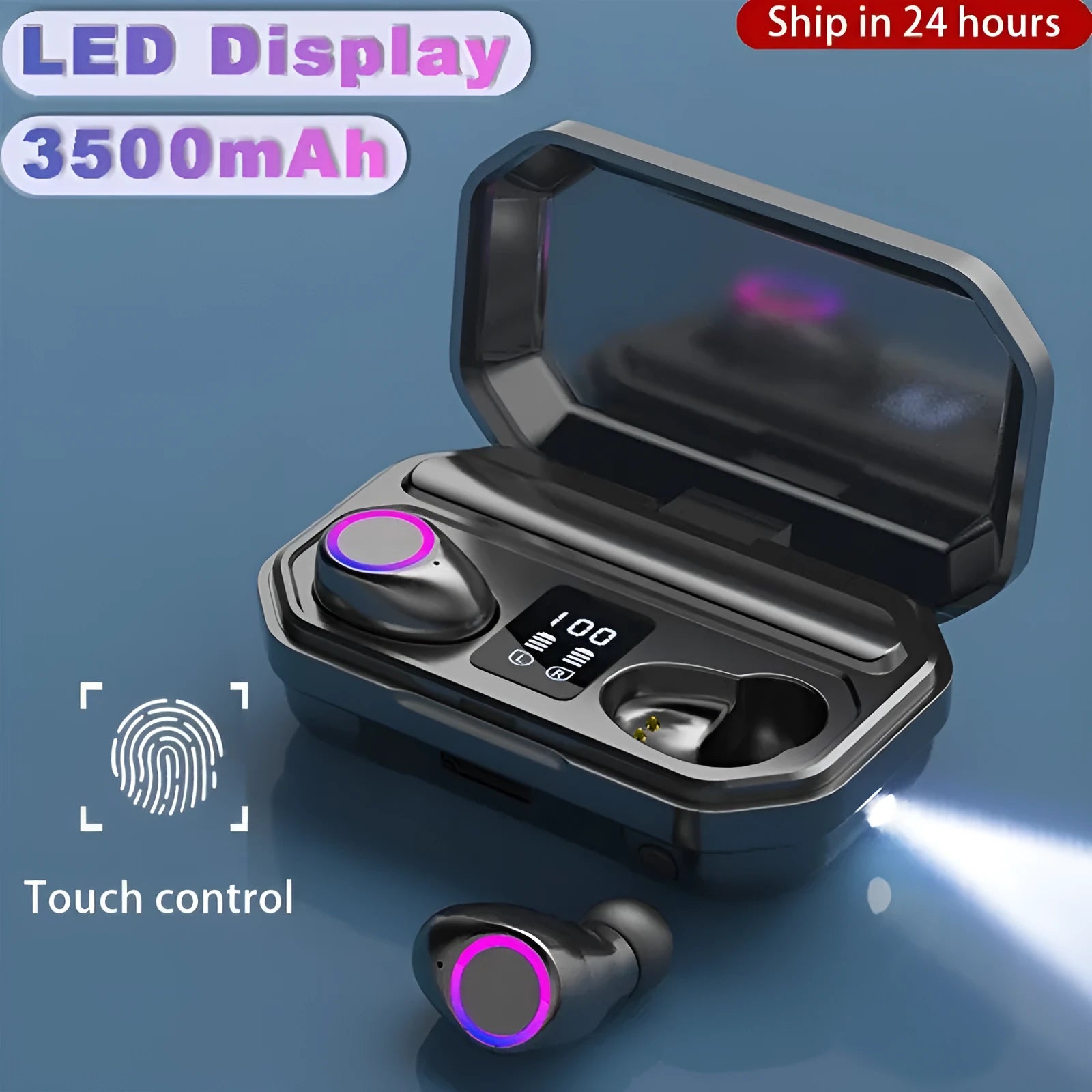 Wireless Bluetooth headset with LED power display showing battery percentage on earbuds and charging case