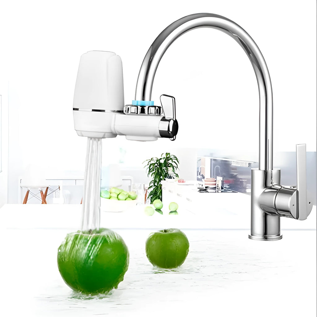 White plastic kitchen tap water filter with universal adapter and ceramic cartridge