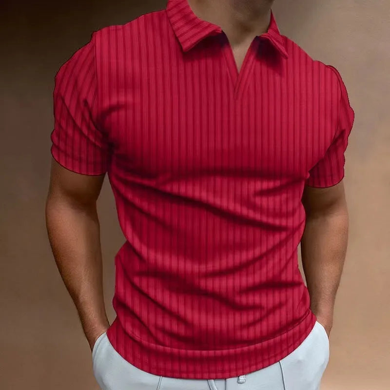 Men's striped V-neck polo shirt in thin cotton blend fabric for summer sports wear
