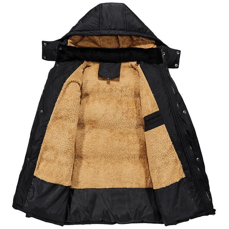 Men's black velvet double-breasted hooded padded jacket with a loose fit.
