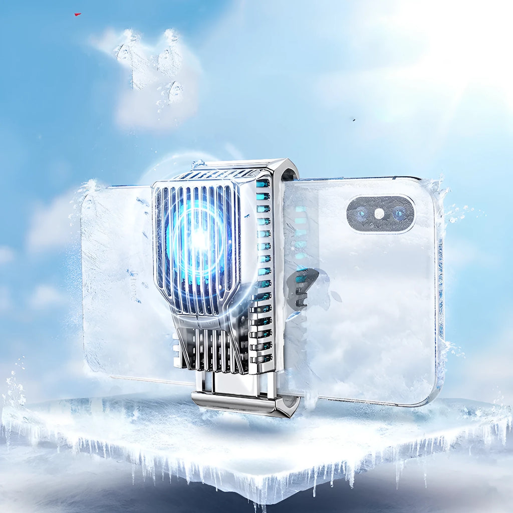 Black mobile phone radiator with clip design showing ceramic cooling surface and aluminum construction
