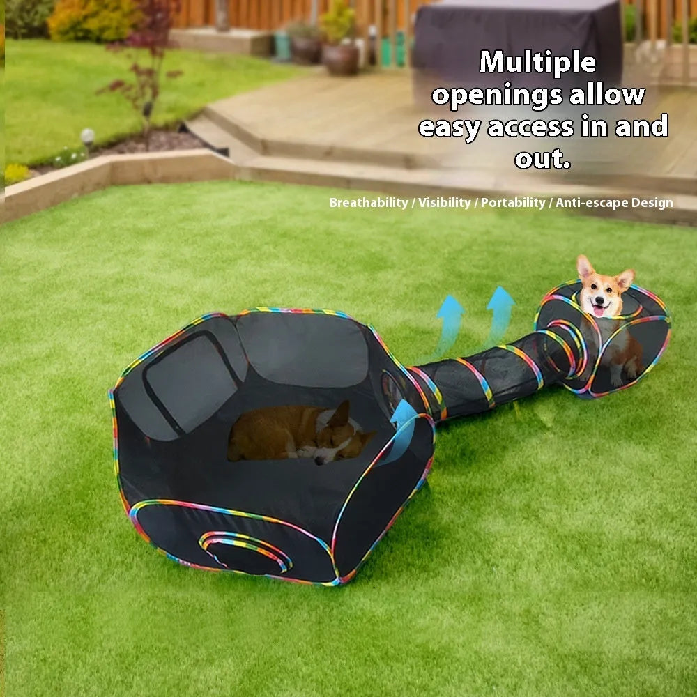 Foldable mesh cat roll cage toy showing multiple tunnel design options for indoor cat play