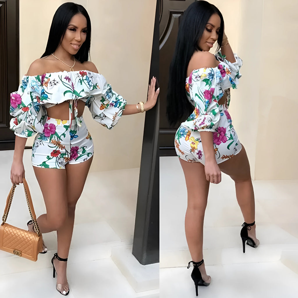 Multicolour digital print women's loungewear set with pile sleeves and matching shorts.
