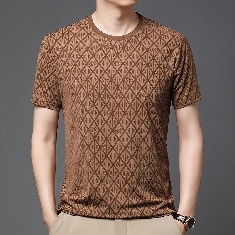 Men's round neck jacquard short sleeve casual shirt in polyester ice silk fabric